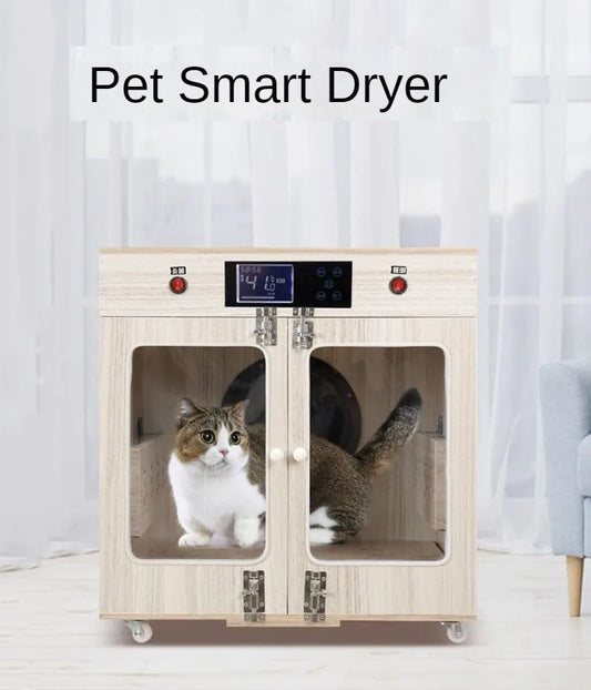 Smart pet drying machine in use with a small dog.