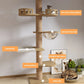 Cat tree with various features labeled in a room setting Natural wood cat tree with hammock bed