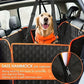 Dog in a car with a black and orange pet hammock, safety harness, and detailed text about the product.