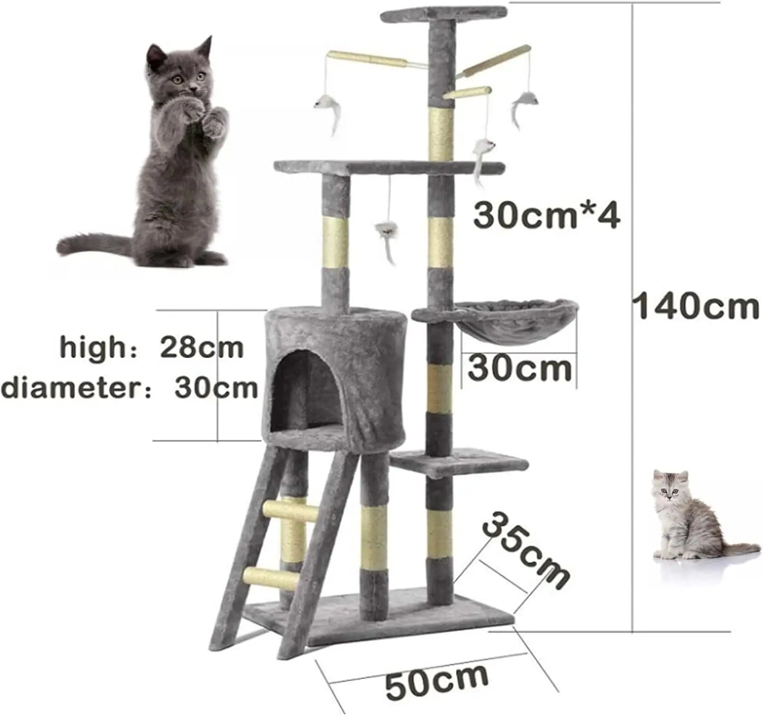 Grey cat activity centre with 4 toy mice