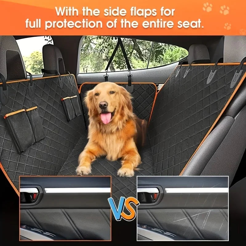 Dog sitting on a car seat cover with side flaps, showing full protection.
