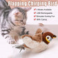 A fluffy, plush cat toy shaped like a bird, with simulated flapping wings and chirping sound, being batted by a tabby cat.