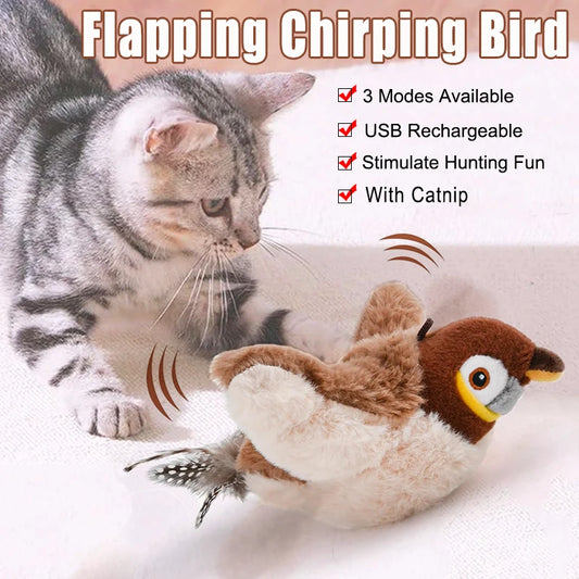 A fluffy, plush cat toy shaped like a bird, with simulated flapping wings and chirping sound, being batted by a tabby cat.