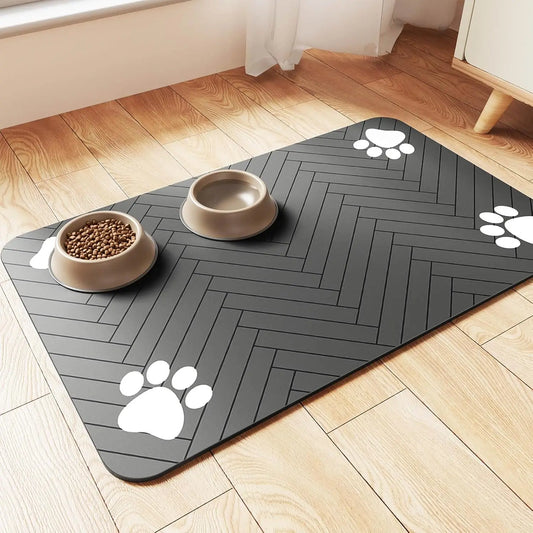 Pet feeding mat with dog bowls placed on top, showing the absorbent surface.
