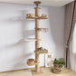Cat tree with multiple levels and a cat sitting on one of the platforms in a room.