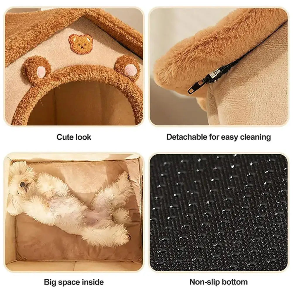 Pet bed with bear design, detachable cover, and non-slip bottom.