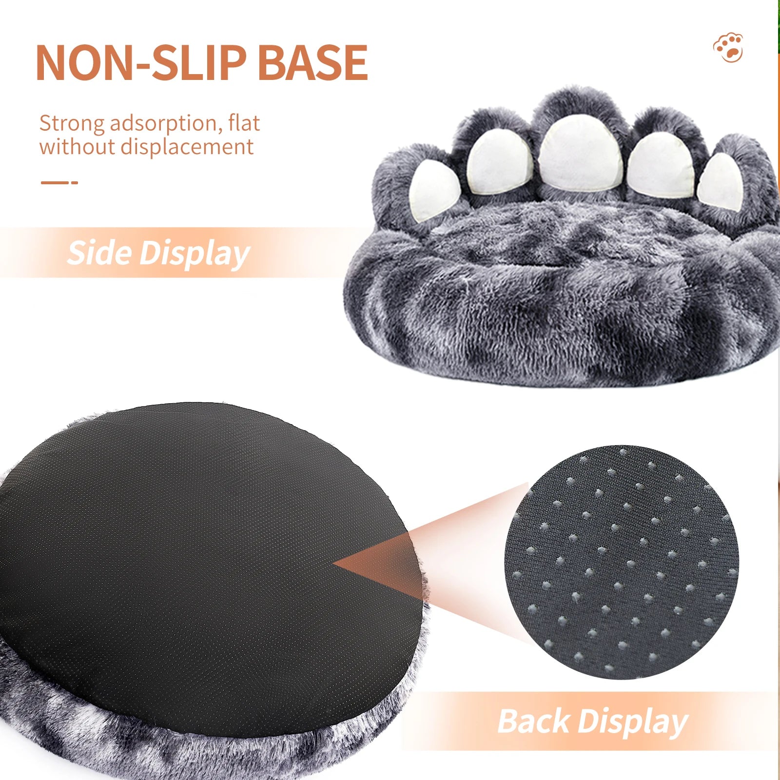 Gray paw-shaped pet bed with non-slip base feature on a white background