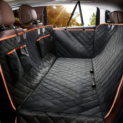 Car interior with black quilted bench cover and orange accents