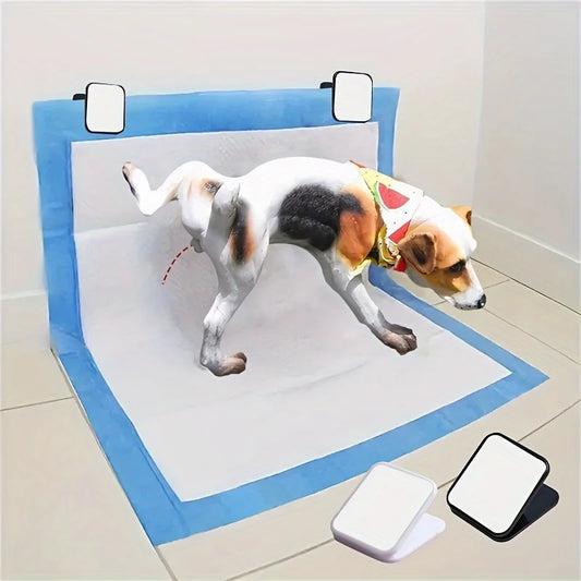 Wall-mounted dog pee pad clip holder in a clean, organized pet area.