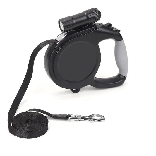 Black retractable dog leash with flashlight on a white background