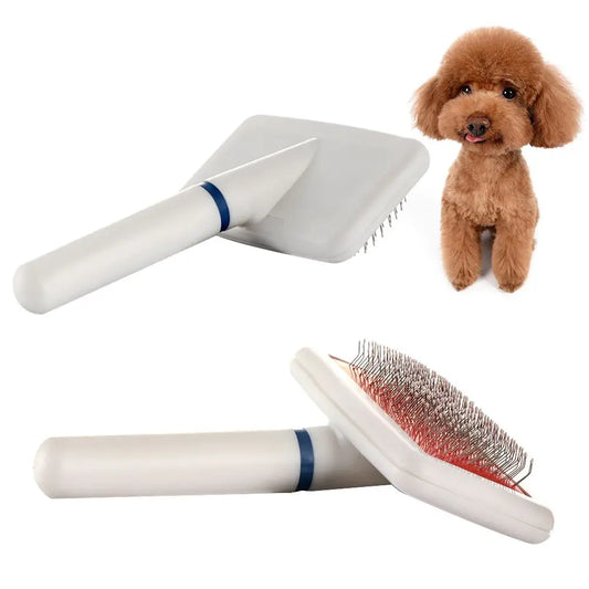 Two pet grooming brushes with a small brown dog on a white background