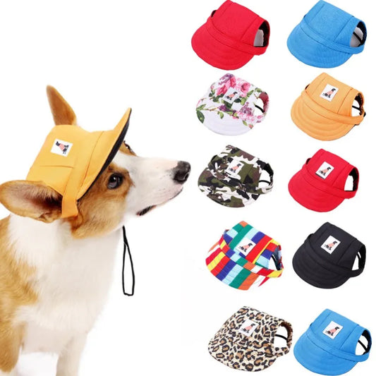 Dog wearing a yellow hat with various other hats displayed on a white background