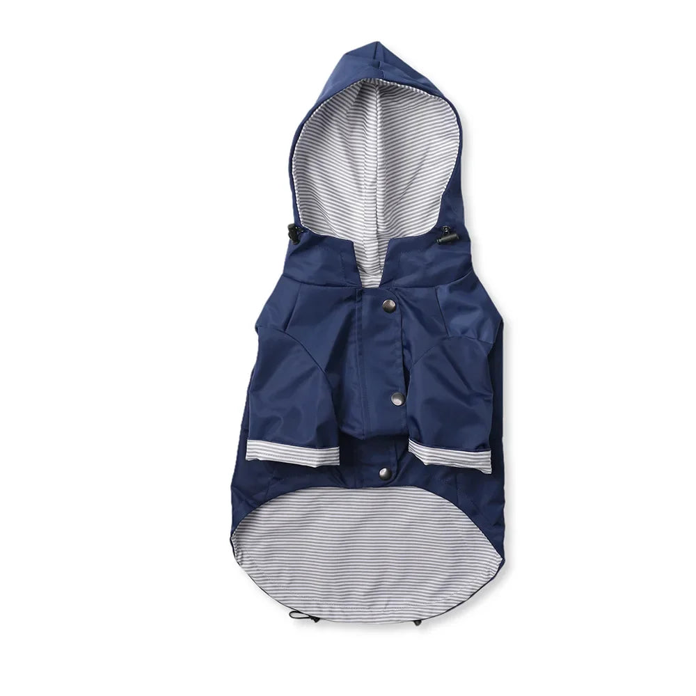 Navy blue raincoat with white stripes on a white background