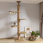 Cat tree with wooden shelves and a rope climbing area in a room setting .Modern indoor cat climbing frame UK