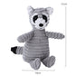Plush toy raccoon with dimensions on a white background
